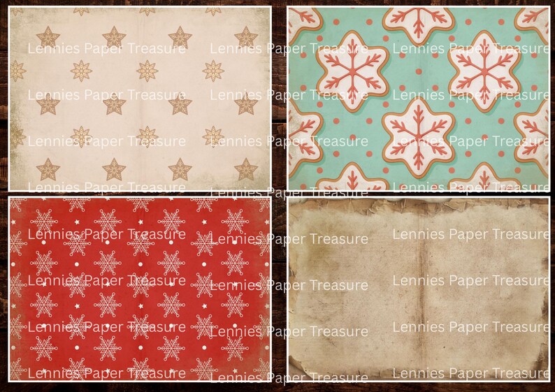 May include: Four patterned paper designs. One features a cream background with gold stars and snowflakes. Another has a teal background with gingerbread snowflake shapes. A third has a red background with white snowflakes. The fourth is a blank, aged paper.