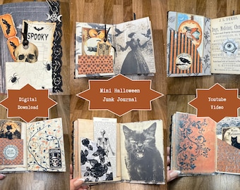 Puede incluir: Un mini diario de recortes con temática de Halloween que incluye varias ilustraciones como una calavera, un gato negro, un esqueleto y texto de estilo vintage. El diario contiene bolsillos, papel decorativo y encaje negro en los bordes.