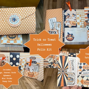 May include: A Halloween-themed paper folio kit featuring orange and white polka dot patterns, a spider web seal, and various ephemera including tags, journal cards, and mini folders. The kit displays illustrations of pumpkins, black cats, and ghosts with text including Trick or Treat Halloween Folio Kit, Youtube Tutorial, Includes: Tags, Journal Cards, Ephemera, Mini Folder, Fussy Cuts, Scream, Starlight Pumpkin Spice Fudge, and Spooky.