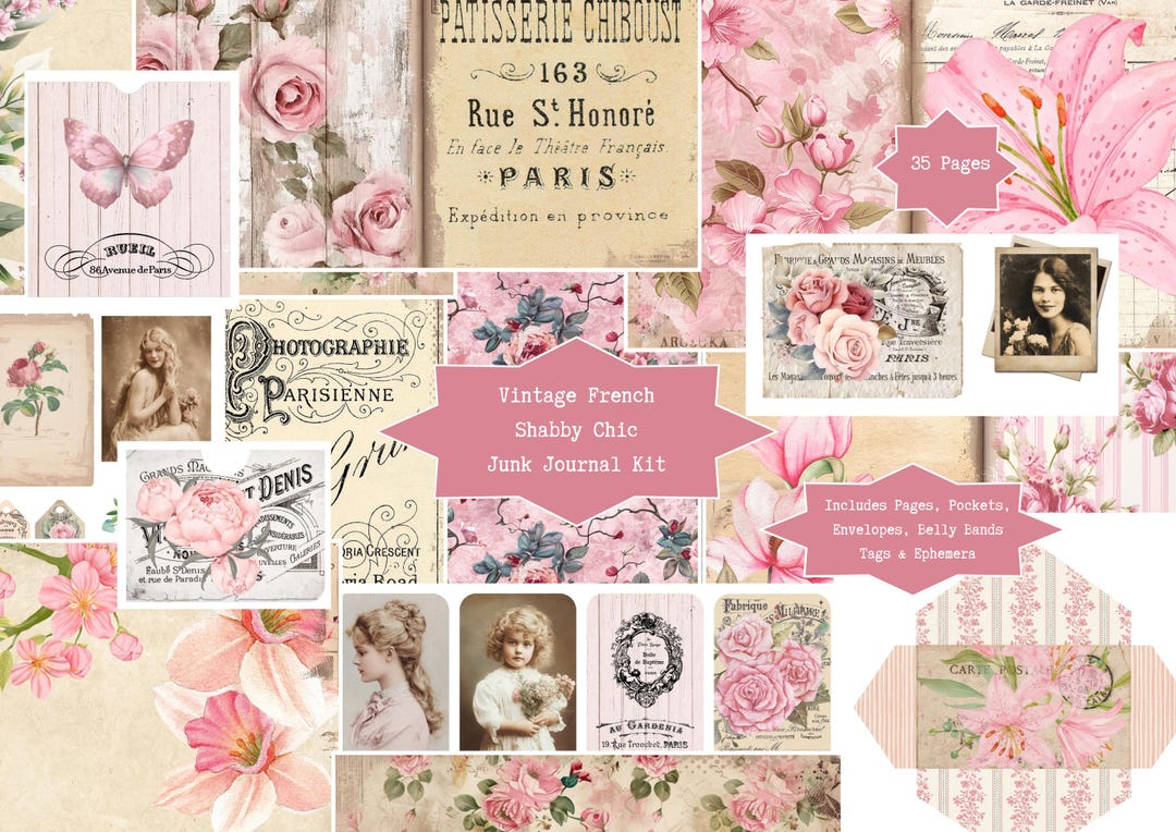 Vintage French Shabby Chic Junk Journal Kit | Pink Blush, Digital ...