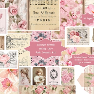 Vintage French Shabby Chic Junk Journal Kit | Pink Blush, Digital Download, Pages, Pockets, Tags, Ephemera, Printable Scrapbook Craft Papers