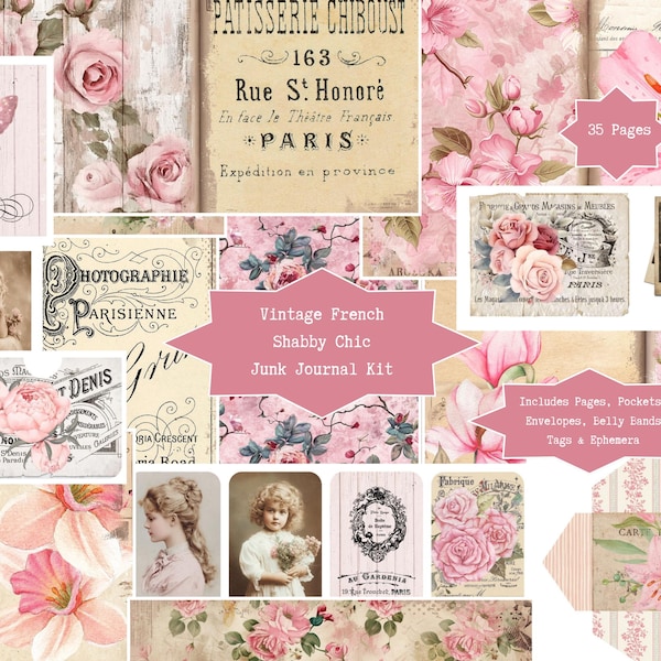 Vintage French Shabby Chic Junk Journal Kit | Pink Blush, Digital Download, Pages, Pockets, Tags, Ephemera, Printable Scrapbook Craft Papers