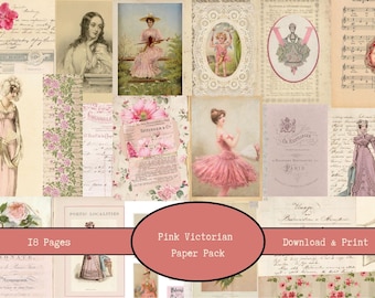 May include: A collage of vintage-style images with a pink Victorian theme. Includes portraits, floral patterns, and illustrations of women in period clothing. The text "Pink Victorian Paper Pack" is displayed.