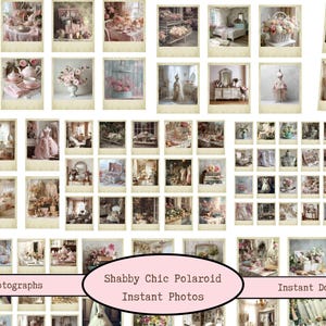 May include: A collection of 88 Shabby Chic Polaroid instant photos. The images feature vintage-style scenes with floral arrangements, antique furniture, and soft, pastel color palettes. The overall aesthetic is romantic and nostalgic.