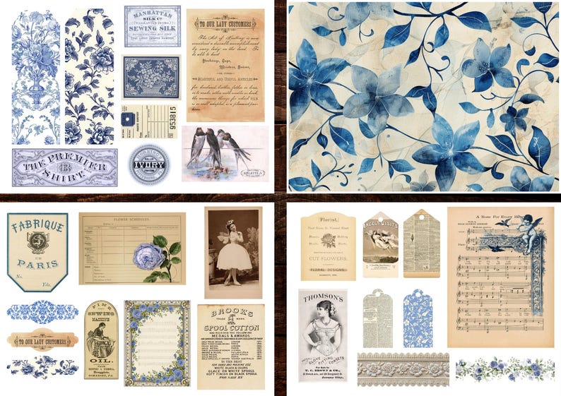 Vintage Blue Junk Journal Kit | Digital Papers, Pages, Pockets, Tags ...