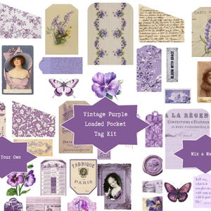 May include: A collage of vintage purple ephemera, including tags, floral patterns, and illustrations. The text "Vintage Purple Loaded Pocket Tag Kit" is displayed. Other text includes "Bloom Beautifully", "Create Your Own", and "Mix & Match".