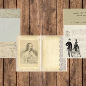 May include: A collage of vintage ephemera on a wooden background. It includes a portrait, postcards, and pages with lace trim. One page has the text "Jardin de Paris Saison 1900" and illustrations of people in period clothing.