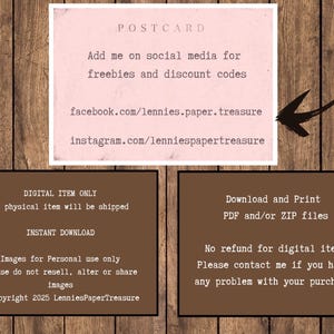 May include: A digital postcard design with text on a wooden background. The postcard includes social media handles for freebies and discount codes. Additional text states "DIGITAL ITEM ONLY" and "Download and Print". Copyright 2025 LenniesPaperTreasure.