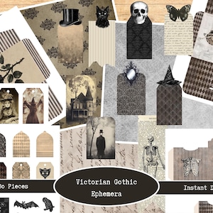 May include: A collection of Victorian Gothic ephemera featuring over 80 pieces including tags, envelopes, and paper sheets. Designs include skulls, top hats, black cats, skeletons, haunted houses, bats, roses, and vintage script text on aged paper.