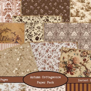 May include: A collection of 16 pages of autumn cottagecore paper with various floral and patterned designs in shades of brown, beige, and cream. The paper pack includes a variety of styles, including floral, striped, and toile patterns.