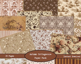 Könnte beinhalten: Eine Sammlung von 16 Seiten Herbst-Cottagecore-Papier mit verschiedenen floralen und gemusterten Designs in Braun-, Beige- und Cremetönen. Das Papierpaket enthält eine Vielzahl von Stilen, darunter Blumen-, Streifen- und Toile-Muster.