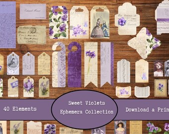 May include: A collection of 40 vintage-style ephemera elements, including tags, envelopes, and paper pieces, in shades of purple and cream. The items feature floral and botanical designs, with the text "Sweet Violets Ephemera Collection" and "Download & Print".