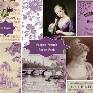Könnte beinhalten: Eine Collage von Vintage-Bildern in Lila. Enthält Blumenmuster, Noten, Porträts und französischen Text. Das zentrale Element ist ein Stern mit dem Text "Purple French Paper Pack" und "25 Pages".