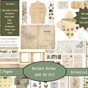 Puede incluir: Un conjunto de efímeras botánicas con portaobjetos, etiquetas, cinta washi y un cuaderno. El kit presenta ilustraciones de plantas, mariposas y sellos antiguos. El texto incluye "Nature Notes Add On Kit" y "Botanical Ephemera".