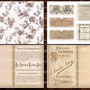 May include: A collage of vintage ephemera, including floral patterned paper, envelopes, and pages from a book. The book cover reads "Military Photographic Studio" and "Charles Grey". The color palette is sepia and cream.