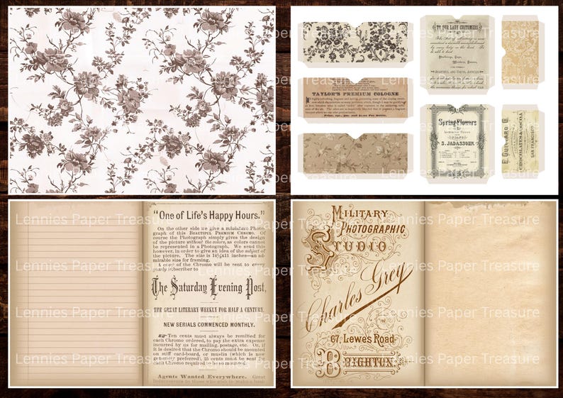 May include: A collage of vintage ephemera, including floral patterned paper, envelopes, and pages from a book. The book cover reads "Military Photographic Studio" and "Charles Grey". The color palette is sepia and cream.