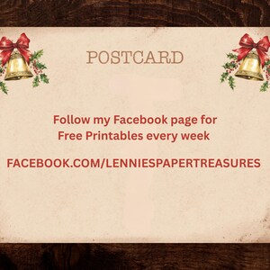 May include: A vintage postcard with a Christmas theme. The postcard features a gold bell with a red bow and holly accents on each side. Text on the postcard reads "POSTCARD" and a call to action to follow a Facebook page for free printables.