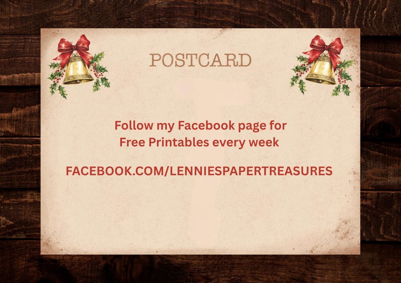 May include: A vintage postcard with a Christmas theme. The postcard features a gold bell with a red bow and holly accents on each side. Text on the postcard reads "POSTCARD" and a call to action to follow a Facebook page for free printables.