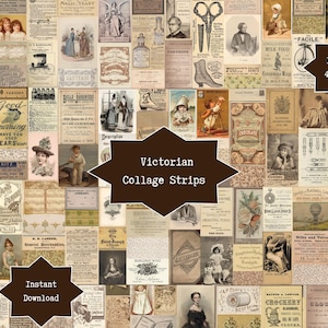 Könnte beinhalten: Eine Sammlung von 49 viktorianischen Collage-Streifen auf 12 Seiten mit sepiafarbenen Vintage-Werbeanzeigen, Illustrationen von Personen, botanischen Zeichnungen und Typografie. Der Text enthält "Victorian Collage Strips" und "Instant Download."