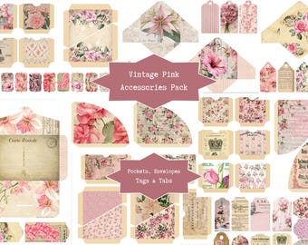 Vintage Pink Accessories Pack, Junk Journal, Scrapbook Embellishments, Pockets, Envelopes, Tags, Fussy Cuts, Digital Download, Shabby Chic