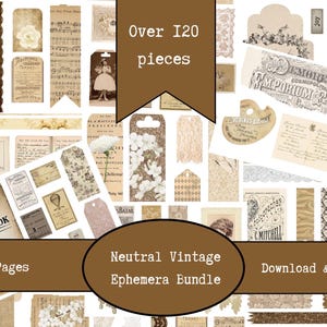 Neutral Vintage Ephemera Bundle | Junk Journal Tags Washi Fussy Cuts | Printable Ephemera | Scrapbook Digitals | Embellishments | Essentials