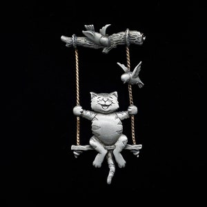 Vintage Jonette Jewelry Swinging Cat Brooch Pin - SIGNED