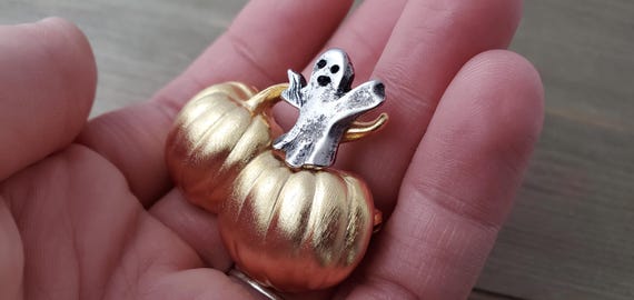 Haunted Pumpkin Patch Brooch - Two Tone Brushed M… - image 2