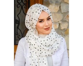 White and Black Polka Dot Patterned Ready-made Chiffon Hijab Shawl,instant hijab,hijab scarf,head scarf,abaya,jilbab,eid gifts,ramadan gifts