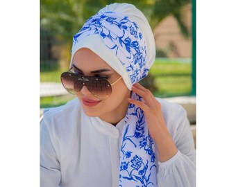 White Indigo Leaf Patterned Scarf Bonnet Hijab,Hijab Scarf,Instant Hijab,Sports Hijab,Ready Hijab,Easy Hijab,Hijab Cap,Hijab Hat,Modest