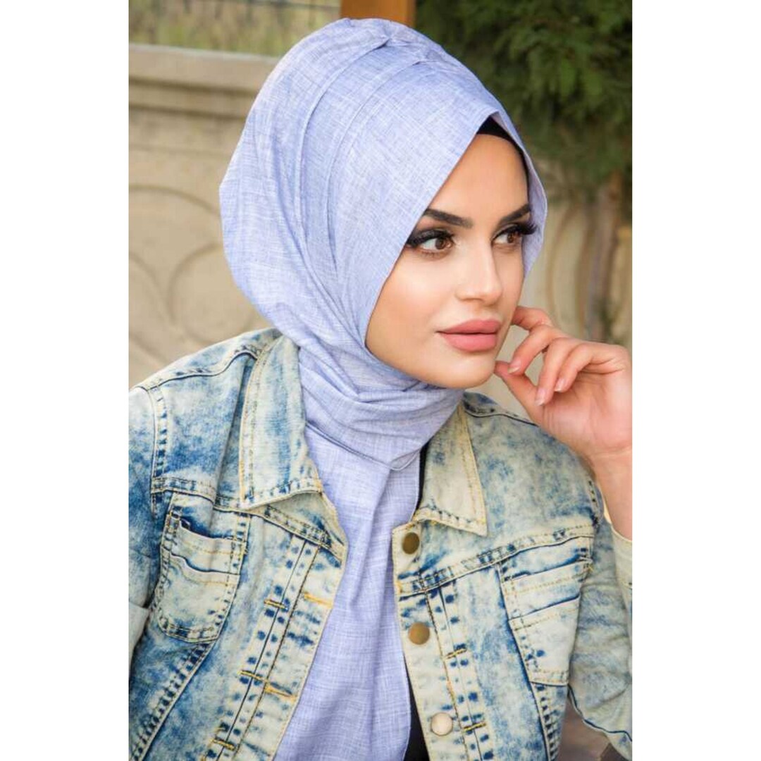 Blue Instant Jersey Hijab Striped Ready to Wear Hijab Cap Sports Hijab