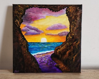 Peinture acrylique coucher de soleil sur toile carrée Peinture acrylique coucher de soleil nuages