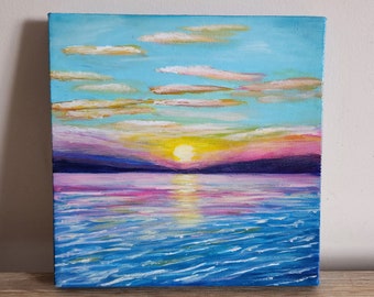 Peinture acrylique sur toile coucher de soleil sur l'océan, toile carrée, peinture acrylique coucher de soleil sur toile
