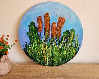Abstract Cattails Plant Original Painting on Round Canvas 30 x 30 cm