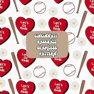 Red Baseball Seamless Pattern, Cincinnati Digital Paper, Floral Baseball Pattern, DIY, Coquette Baseball Pattern, Sublimation, Kids Baseball