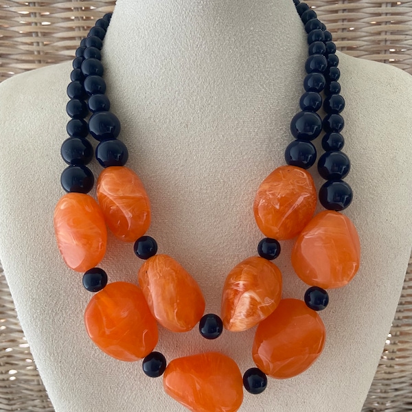 Damenkette Statement Halskette zweistrangig Modekette Blogger Acryl Perlenkette Modeschmuck Collier extravagant marmoriert orange und blau