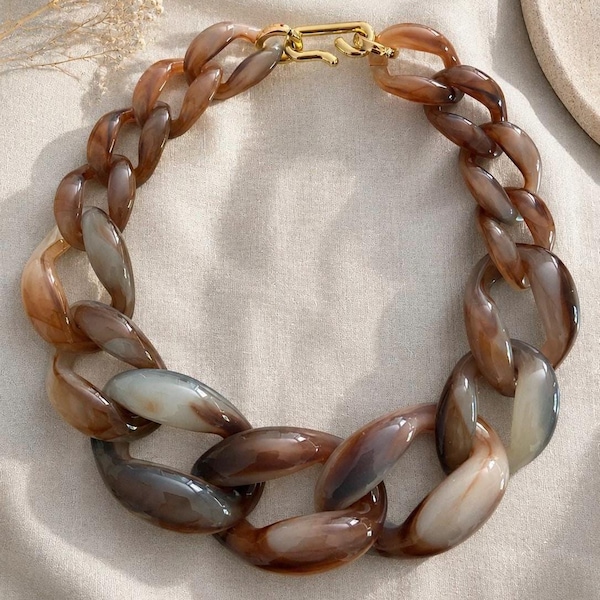 Statement Necklace Brown Marble Chunky Link Necklace Large Chain Women's Hook Clasp Boho Jewelry Necklaces