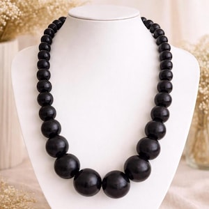 Boho Statement Kette Holzperlen Schwarz – Lange Halskette 70 cm – Große Perlenkette –  Holzschmuck Damen - necklace woman