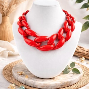 Statement Gliederkette rot glanz  mit großen Gliedern Extravagante Damenkette modern Auffälliger Schmuck Necklace Woman
