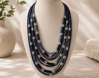 Collier statement pour femme, bijou tendance, élégant et extravagant, collier ruban bleu, collier à plusieurs rangs, collier de blogueuse