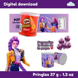 Puede incluir: Una descarga digital con una lata de Pringles con el texto "Original" y una mascota de dibujos animados. La imagen también incluye un gráfico de tres mujeres, globos y el texto "Personaliza la fiesta de tu peque".