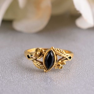 Dainty Black Onyx Ring - Stackable Ring - 14K Gold Vermeil Ring - 925 Silver Ring -  Delicate Everyday Ring - Black Gemstone - Marquise Ring