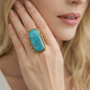 Turquoise Statement Ring, Gold Turquoise Ring, Rectangular Gemstone Ring, Boho Jewelry for Women