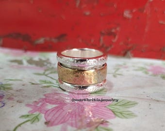 Handcrafted Unique Hammered Mixed metal Ring Solid Gold Spinner Ring Two Tone Solid 9k Yellow Gold And 925 Sterling Silver Statement Ring