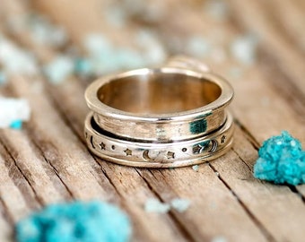 Stars and Moon Ring, Moonstone Ring, Fidget Spinner Ring, Sterling Silver Ring for Women, Meditation Anxiety Ring, Boho Celestial Jewelry