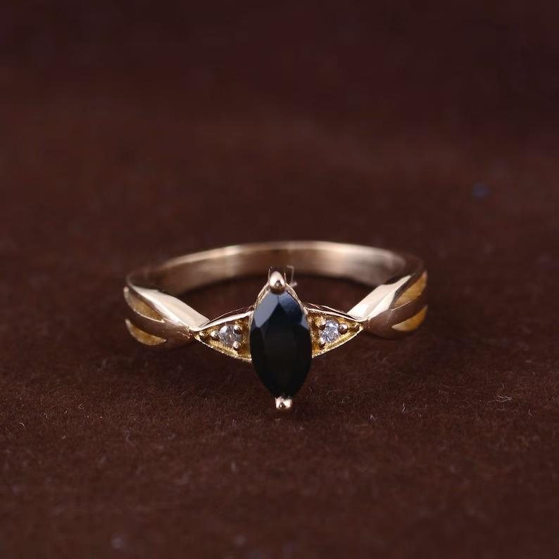 Black Onyx Marquise Ring: 14k Gold Vermeil Sterling Silver
