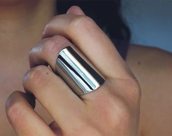 Long Statement Ring, 925 Sterling Silver Ring, Boho Rings for Women, Wide, Large, Full Finger, Big, Chunky Cigar Cuff Tube, Bohemian Jewelry