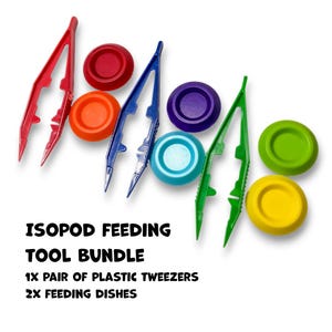 May include: A set of three plastic tweezers in red, blue, and green, alongside six small circular feeding dishes in red, orange, purple, light blue, lime green, and yellow. Text reads: ISOPOD FEEDING TOOL BUNDLE 1X PAIR OF PLASTIC TWEEZERS 2X FEEDING DISHES.