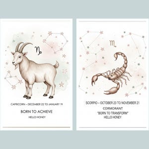Steinbock Skorpion Sternzeichen Poster 2er Set - Kraftvolle Zeichen Kinderzimmer Wandkunst - Astrologie Baby Zimmer Dekor digitaler Download