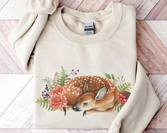 Floral Baby Deer Sweatshirt, Floral Fawn Crewneck, Botanical Doe Deer Shirt, Fawn Deer Lover Gift, Woodland Animal Cottagecore Shirt Women