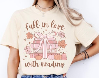 Comfort Colors® Coquette Fall Reading Shirt, Fall English Reading Teacher Tshirt, Autumn Librarian Shirt, Cute Book Lover Shirt, Pumpkins